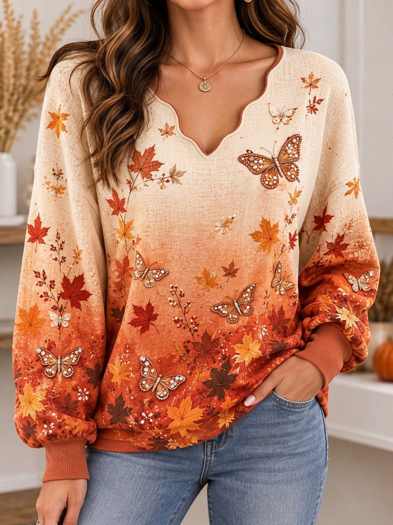 Women's Beige Orange Gradient Maple Leaf Butterfly Print Scallop V Neck Long Sleeve Sweatshirt