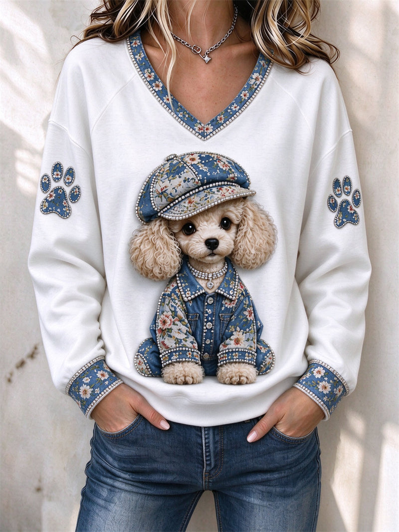 Women's White Cute Poodle Dog Floral Denim Outfit Print V Neck Long Sleeve Sweatshirt