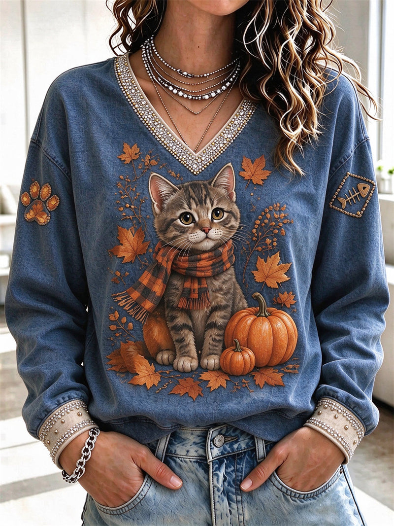 Women's Thanksgiving Blue Cat Pumpkin Maple Leaf Print V Neck Long Sleeve Sweatshirt