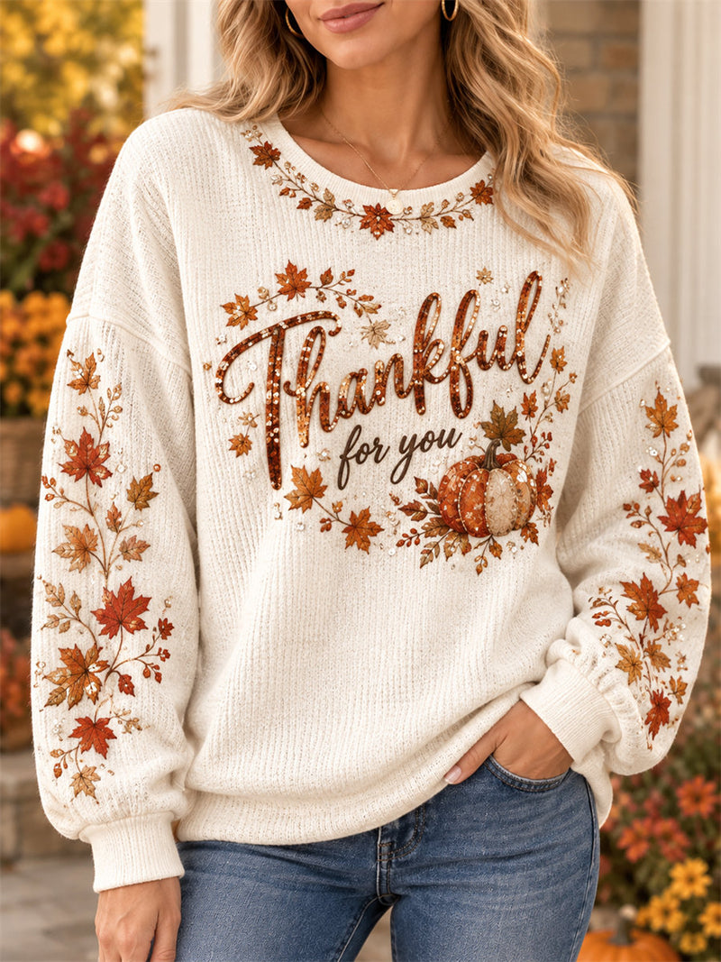 Women's Thanksgiving Cream Letter Pumpkin Maple Leaf Print Round Neck Long Sleeve Sweatshirt