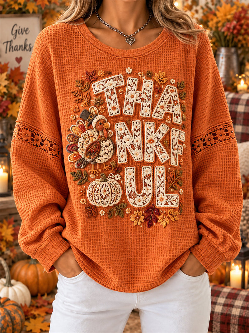Women's Thanksgiving Orange Lace Hollow Turkey Pumpkin Letter Print Round Neck Long Sleeve Sweatshirt
