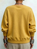 Women's Mustard Irregular Button Round Neck Long Sleeve Sweatshirt