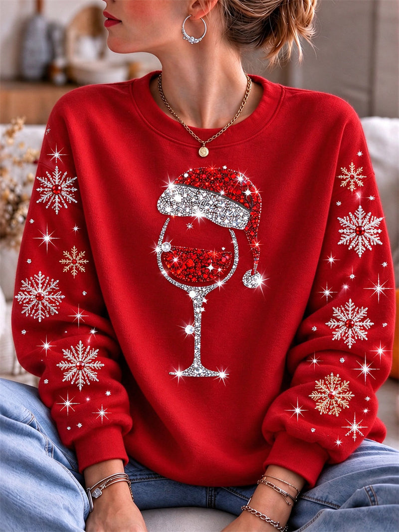 Women's Christmas Red Wine Glass Santa Hat Snowflake Print Round Neck Long Sleeve Sweatshirt