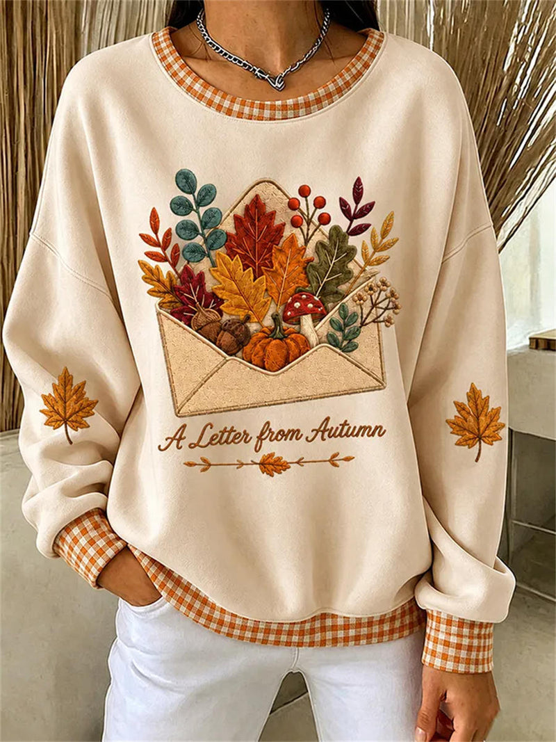 Women's Thanksgiving Beige Pumpkin Mushroom Envelope Letter Print Plaid Round Neck Long Sleeve Sweatshirt