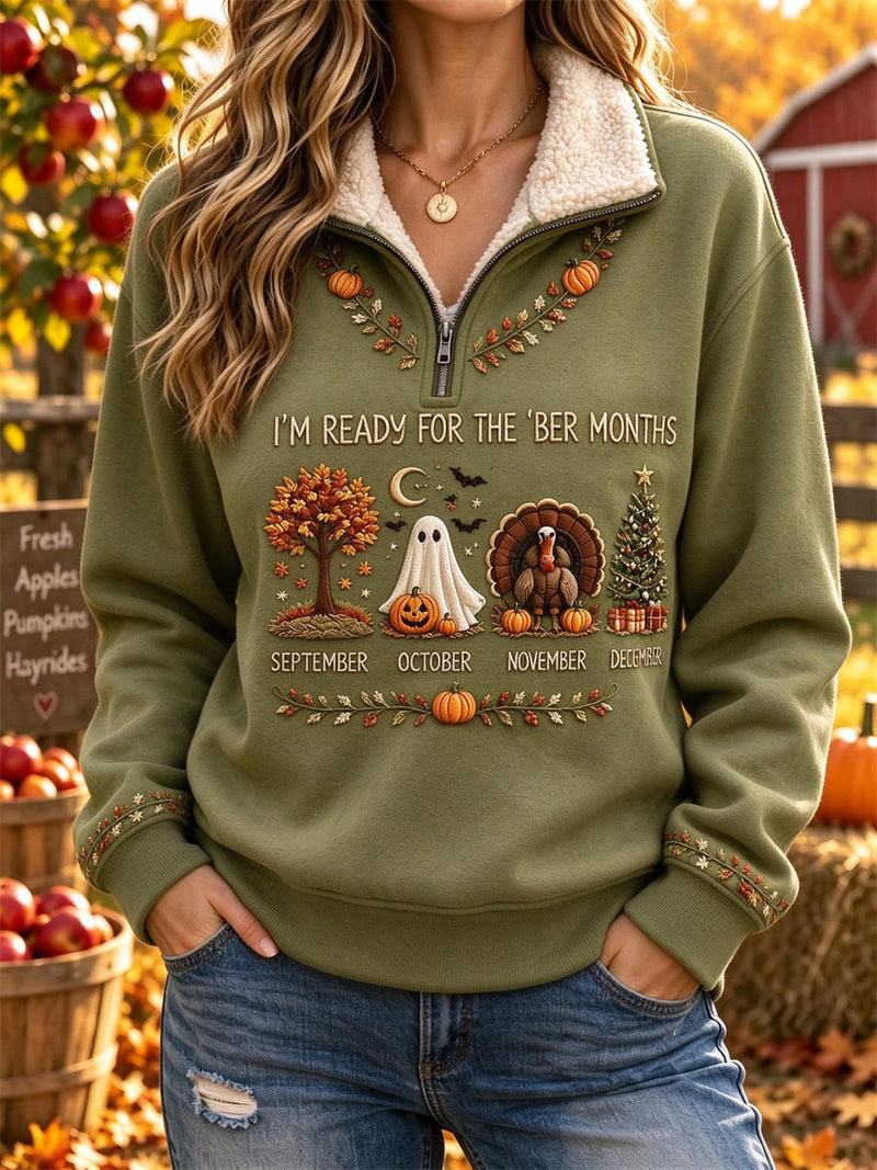 Women's Thanksgiving Olive Green Ghost Turkey Pumpkin Tree Letter Print Quarter Zip Long Sleeve Sweatshirt