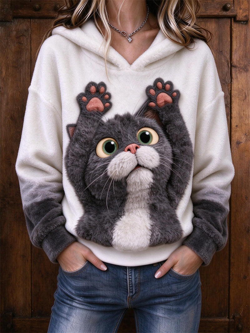 Women's White Grey Ombre Cute Cat Print Hooded Long Sleeve Hoodie