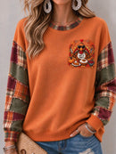 Women's Thanksgiving Orange Plaid Turkey Pumpkin Maple Leaf Print Round Neck Long Sleeve Sweatshirt