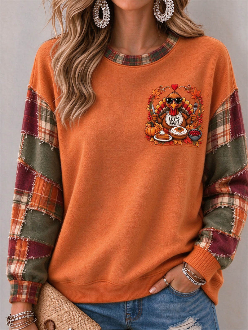 Women's Thanksgiving Orange Plaid Turkey Pumpkin Maple Leaf Print Round Neck Long Sleeve Sweatshirt