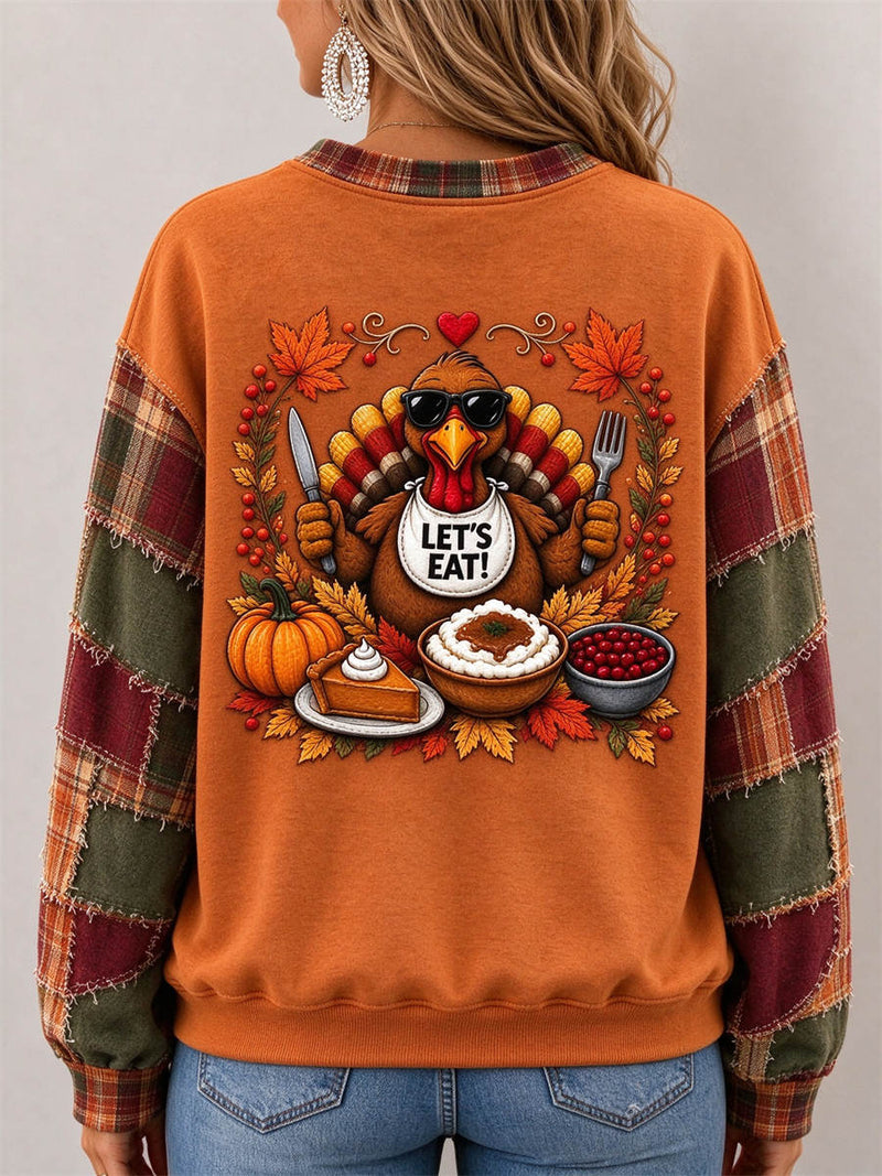Women's Thanksgiving Orange Plaid Turkey Pumpkin Maple Leaf Print Round Neck Long Sleeve Sweatshirt