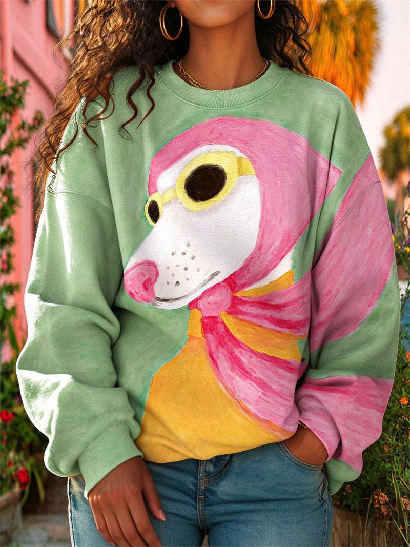 Women's Sage Green Playful Cartoon Dog Print Round Neck Long Sleeve Sweatshirt