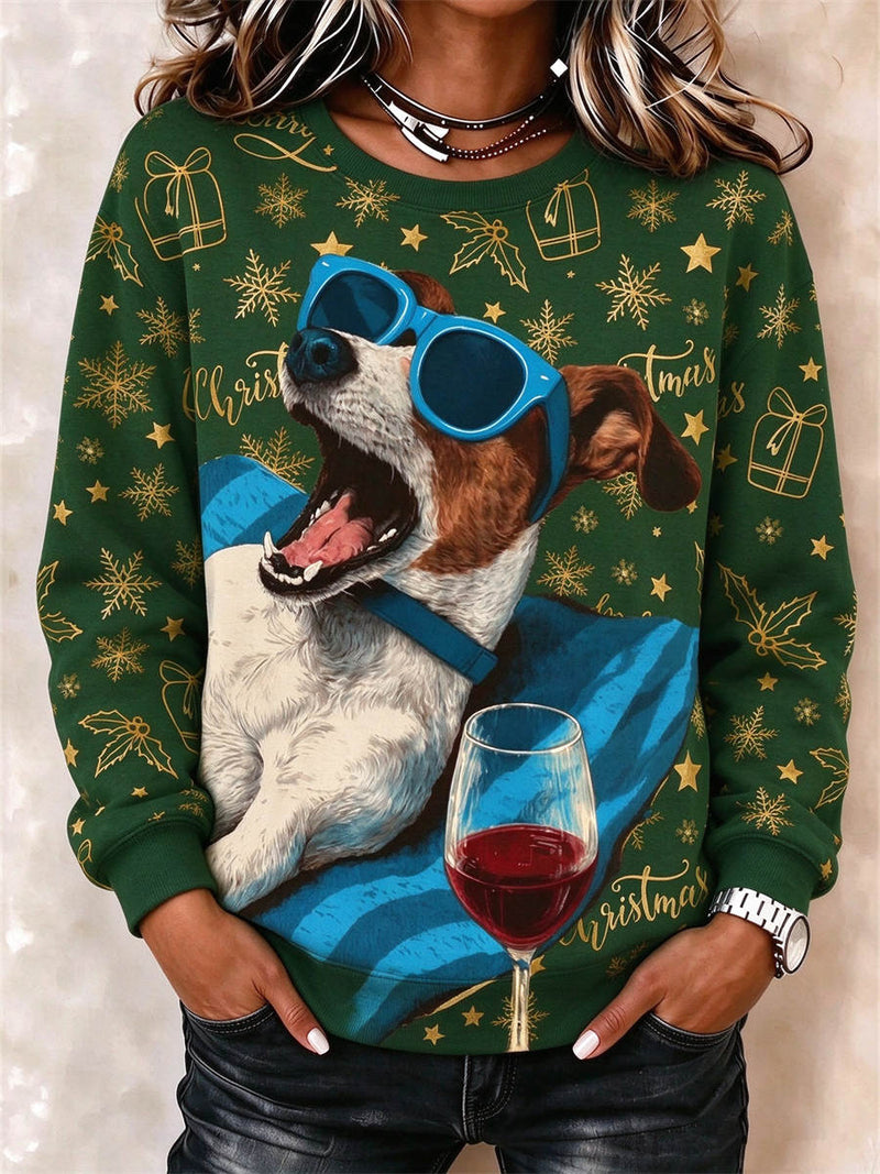 Women's Christmas Green Cool Dog Wine Snowflake Gift Print Round Neck Long Sleeve Sweatshirt