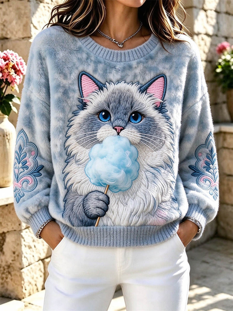 Women's Light Blue Fluffy Cute Cat Cotton Candy Print Round Neck Long Sleeve Sweatshirt