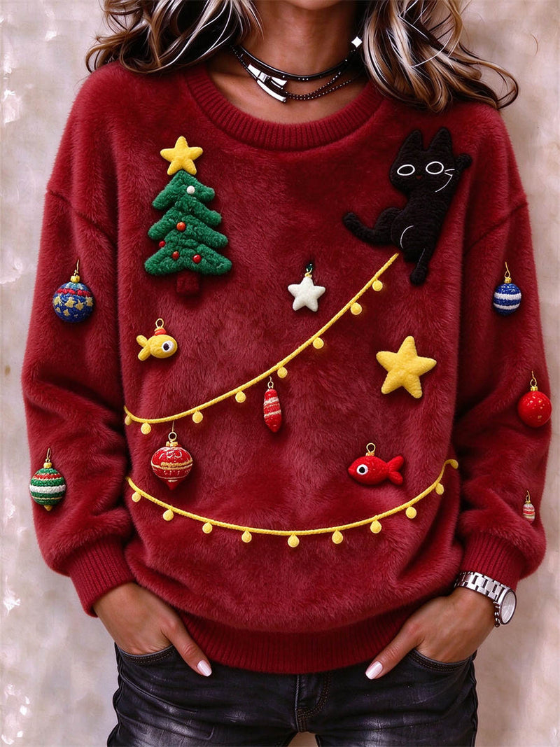 Women's Christmas Wine Red Black Cat Christmas Tree Ornament Print Round Neck Long Sleeve Sweatshirt