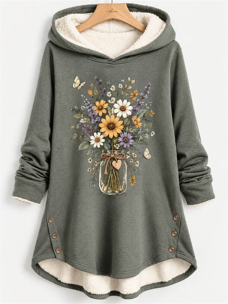 Women's Jar Floral Butterfly Print Hooded Long Sleeve Hoodie