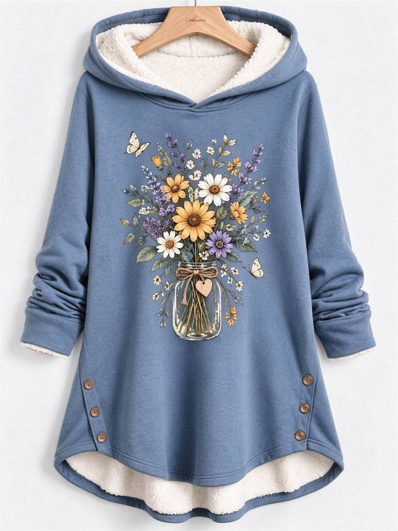 Women's Jar Floral Butterfly Print Hooded Long Sleeve Hoodie