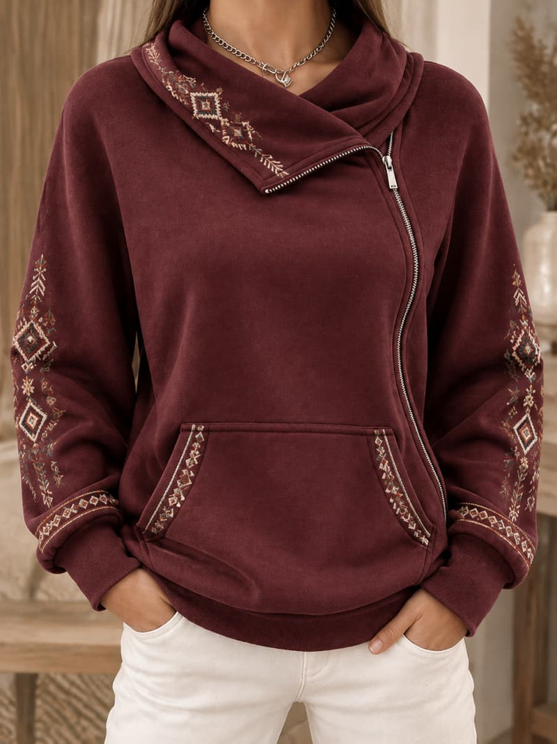 Women's Wine Red Ethnic Geometric Print Asymmetric Zip Long Sleeve Sweatshirt