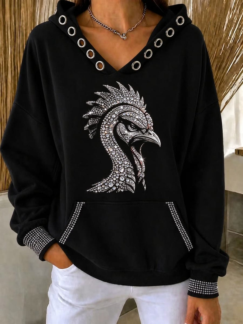 Women's Thanksgiving Black Cool Turkey Print Long Sleeve Hoodie