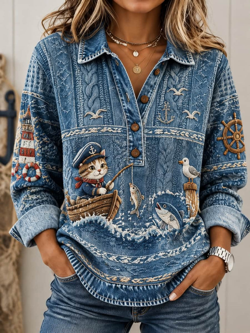 Women's Blue Nautical Captain Cat Fishing Print Lapel Long Sleeve Sweatshirt