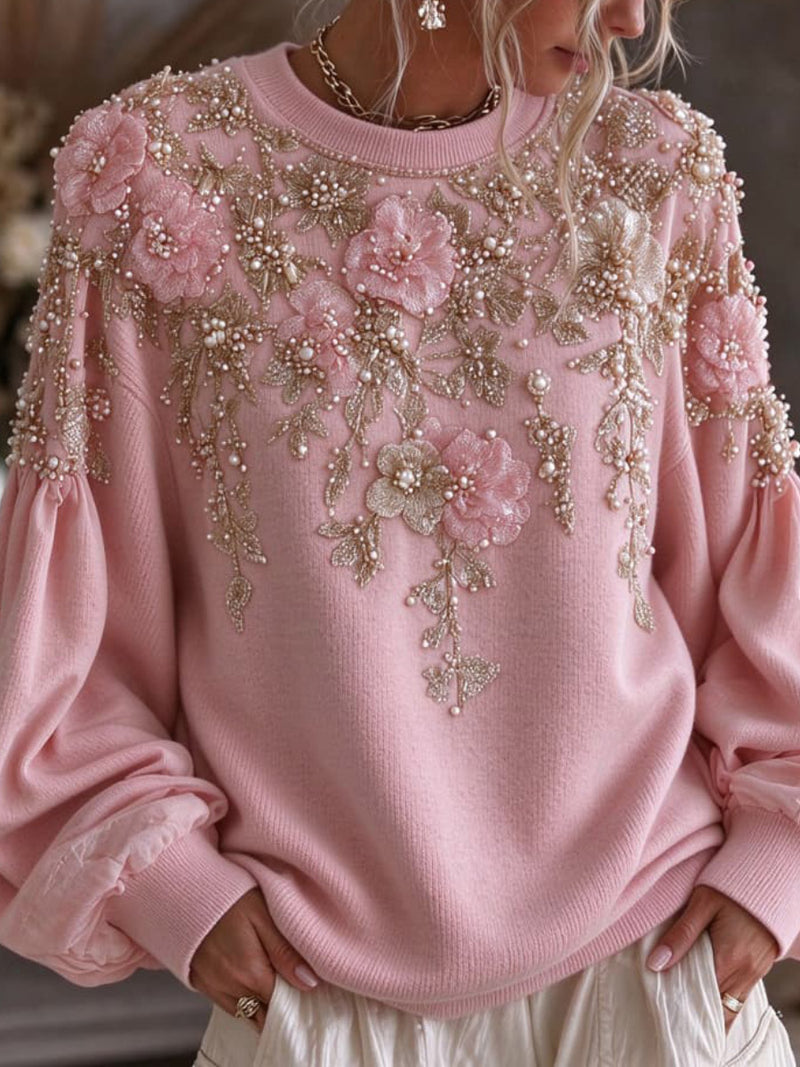 Women's Pink Floral Round Neck Puff Long Sleeve Sweatshirt