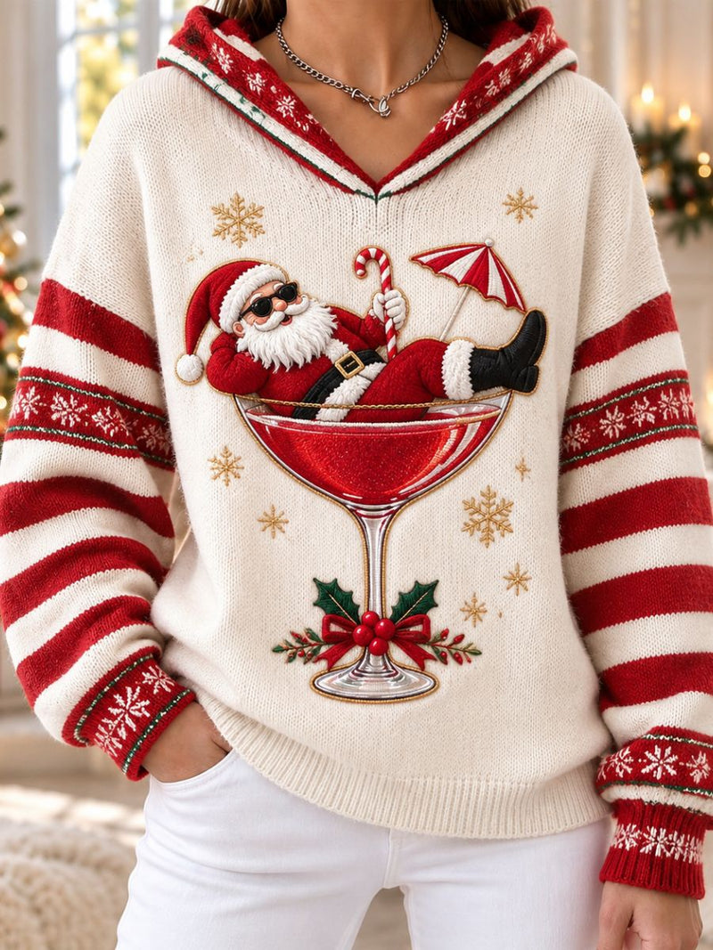 Women's Christmas White Red Stripe Santa Print Hooded Long Sleeve Sweater