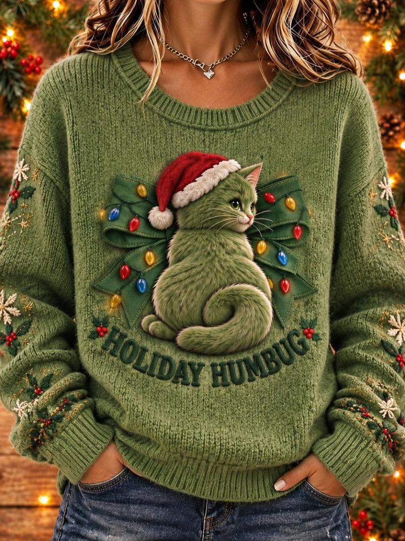 Women's Christmas Green Cat Light Bow Print Round Neck Long Sleeve Sweater