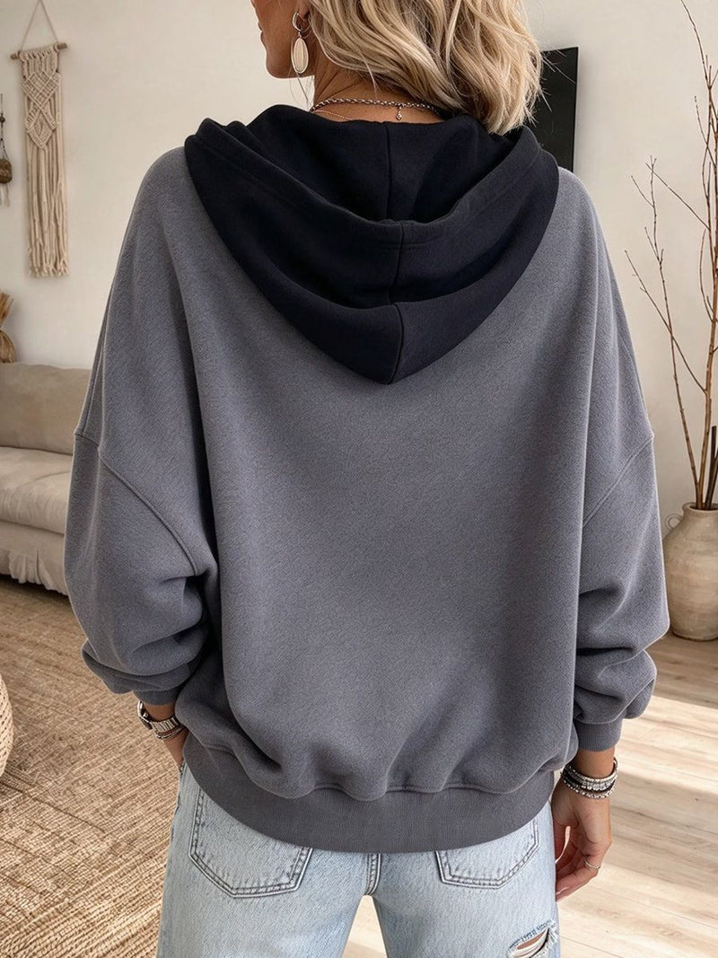 Women's Gray Contrast Hooded Button Long Sleeve Hoodie