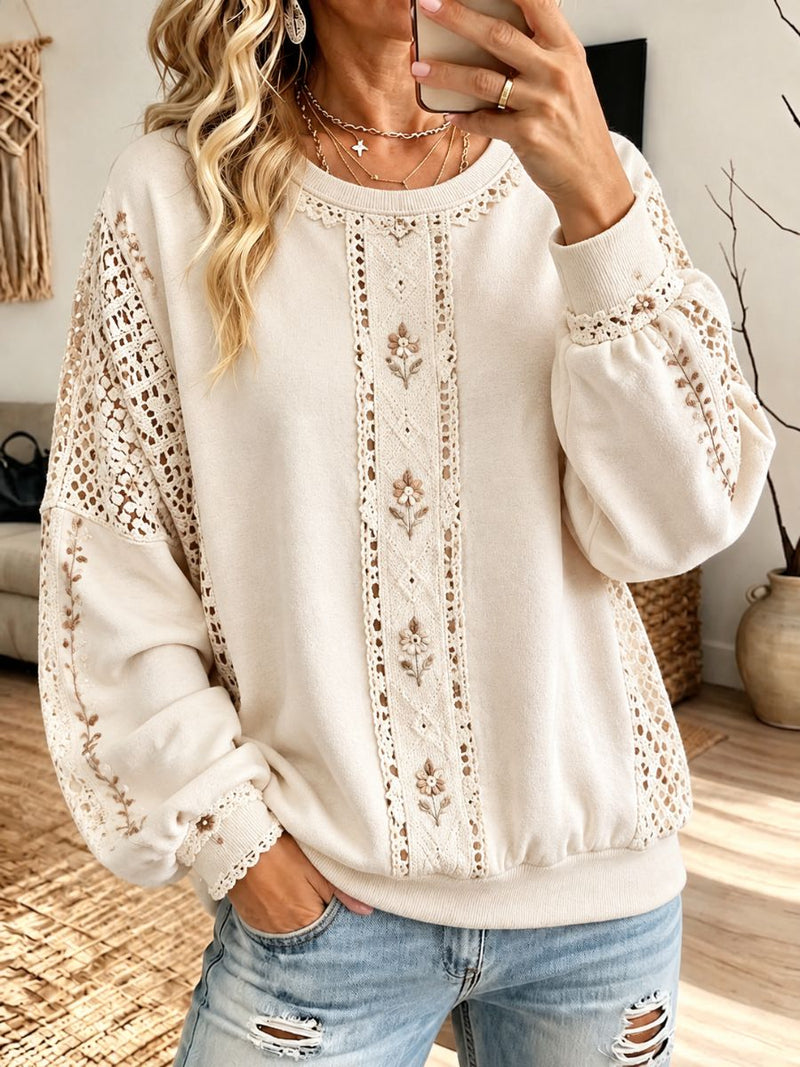 Women's Beige Floral Lace Splicing Round Neck Long Sleeve Sweatshirt