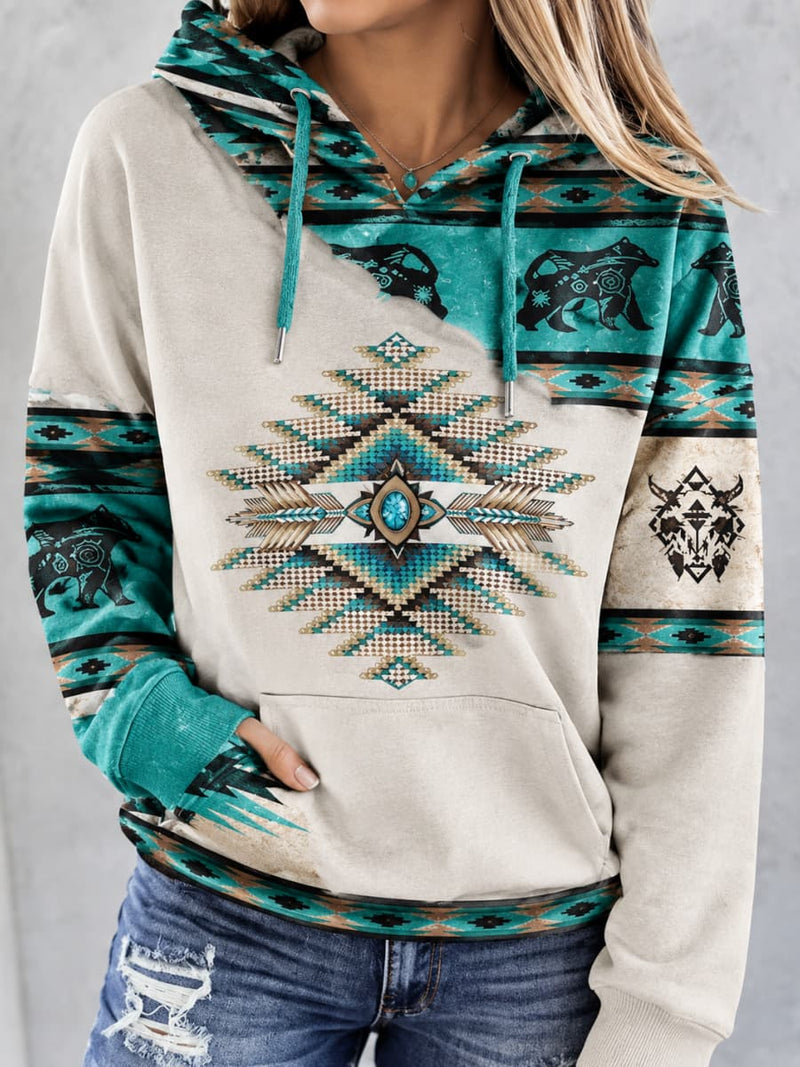 Women's Beige Teal Western Bear Geometric Print Hooded Long Sleeve Hoodie