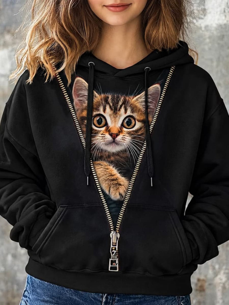 Women's Black Cat Print Zipper Decor Hooded Long Sleeve Hoodie