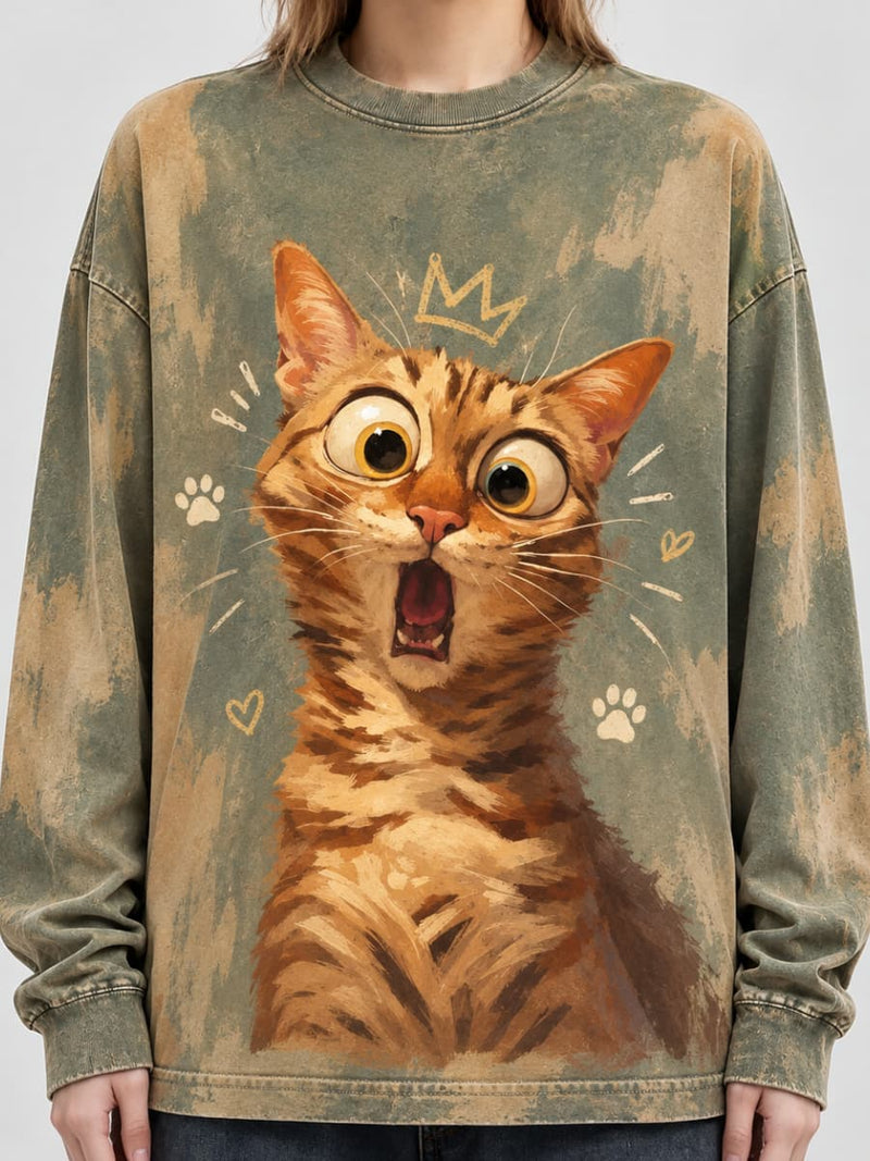 Women's Washed Green Funny Crown Cat Print Round Neck Long Sleeve Sweatershirt