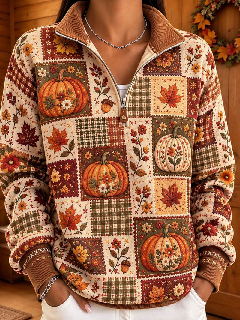 Women's Thanksgiving Multi Pumpkin Maple Leaf Patchwork Print Quarter Zip Long Sleeve Sweatershirt