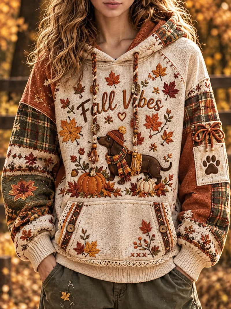 Women's Thanksgiving Cream Dachshund Pumpkin Maple Leaf Patchwork Print Hooded Long Sleeve Hoodie