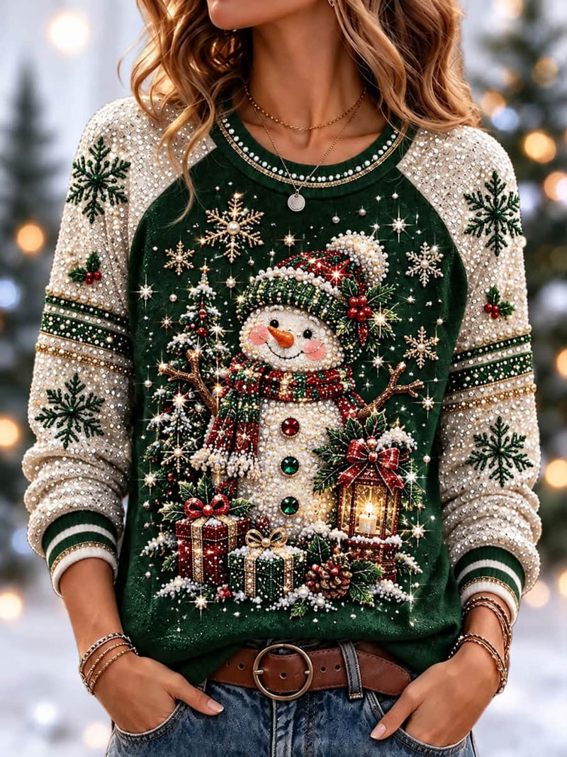Women's Christmas Green Snowman Gift Snowflake Print Round Neck Raglan Long Sleeve Sweatshirt