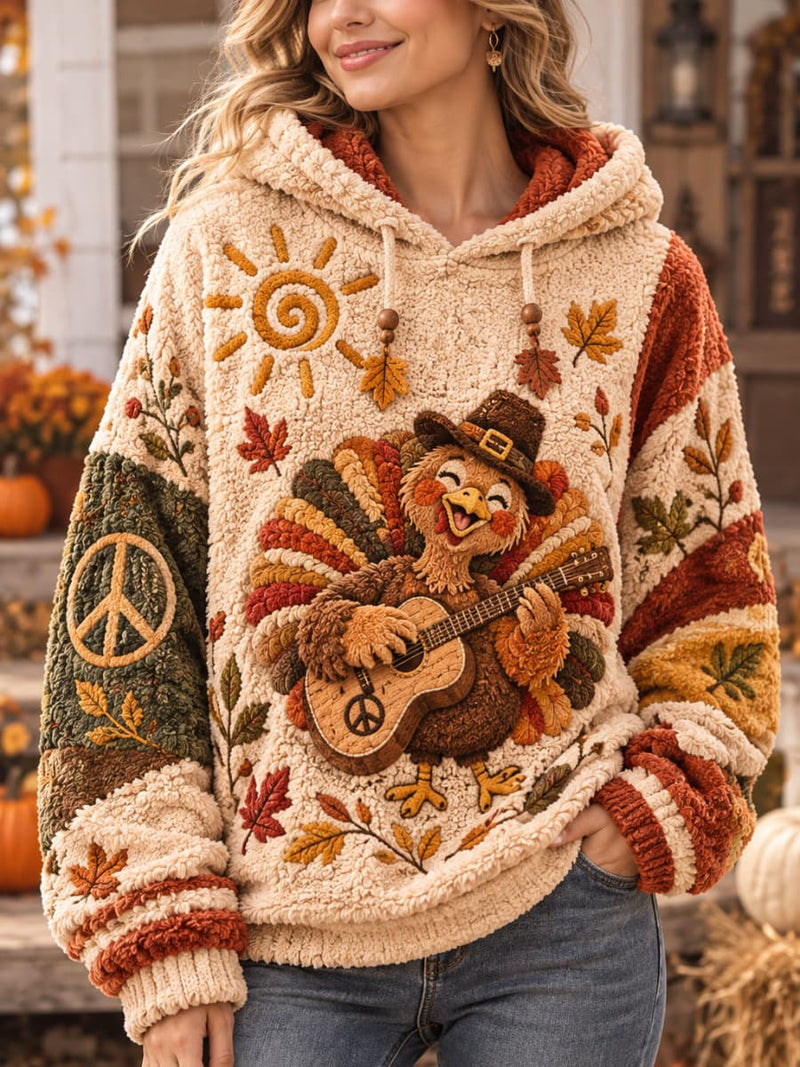 Women's Thanksgiving Beige Turkey Guitar Maple Leaf Sun Print Hooded Long Sleeve Hoodie