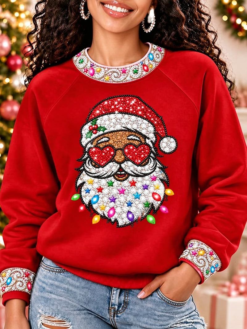 Women's Christmas Red Santa Claus Heart Sunglasses Light Bulb Print Round Neck Long Sleeve Sweatshirt