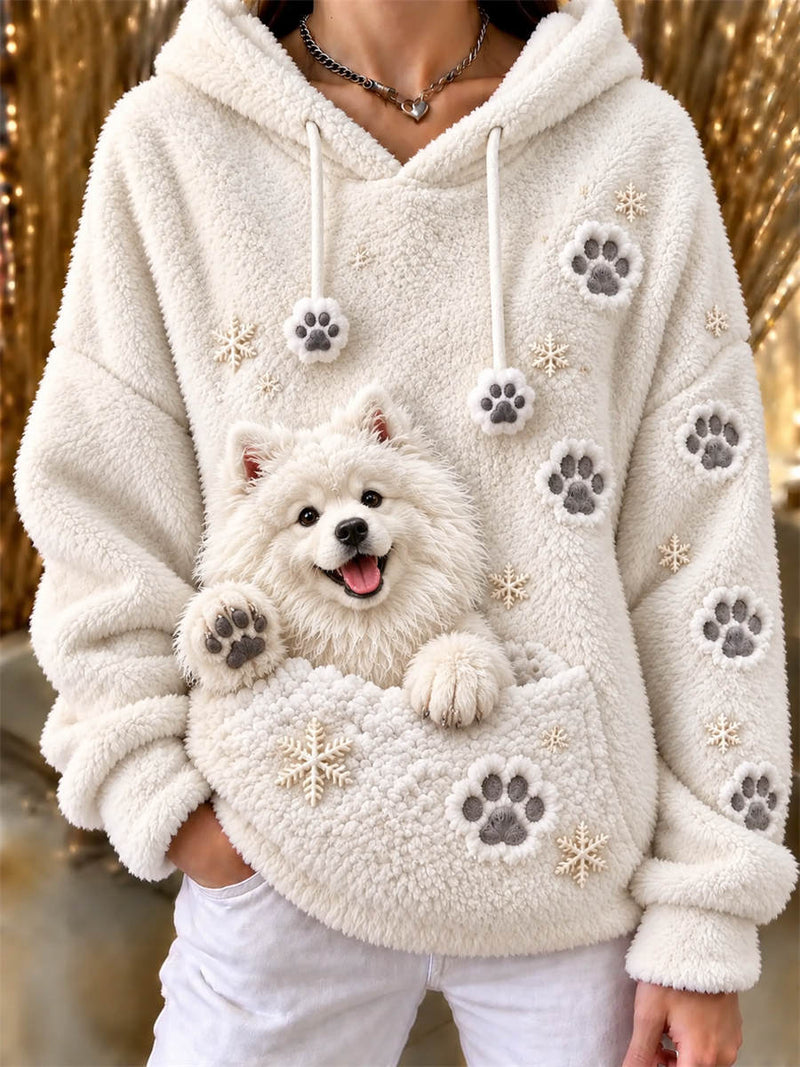 Women's Cream Lovely Samoyed Paw Snowflake Print Hooded Long Sleeve Hoodie