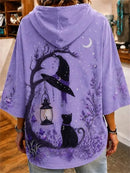 Women's Halloween Purple Witch Hat Black Cat Print 3/4 Sleeve Hoodie