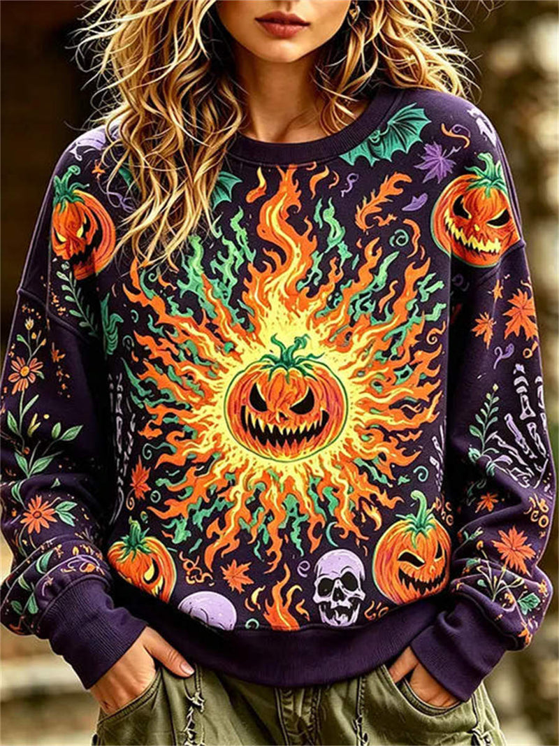 Women's Halloween Purple Flame Pumpkin Print Round Neck Long Sleeve Sweatshirt