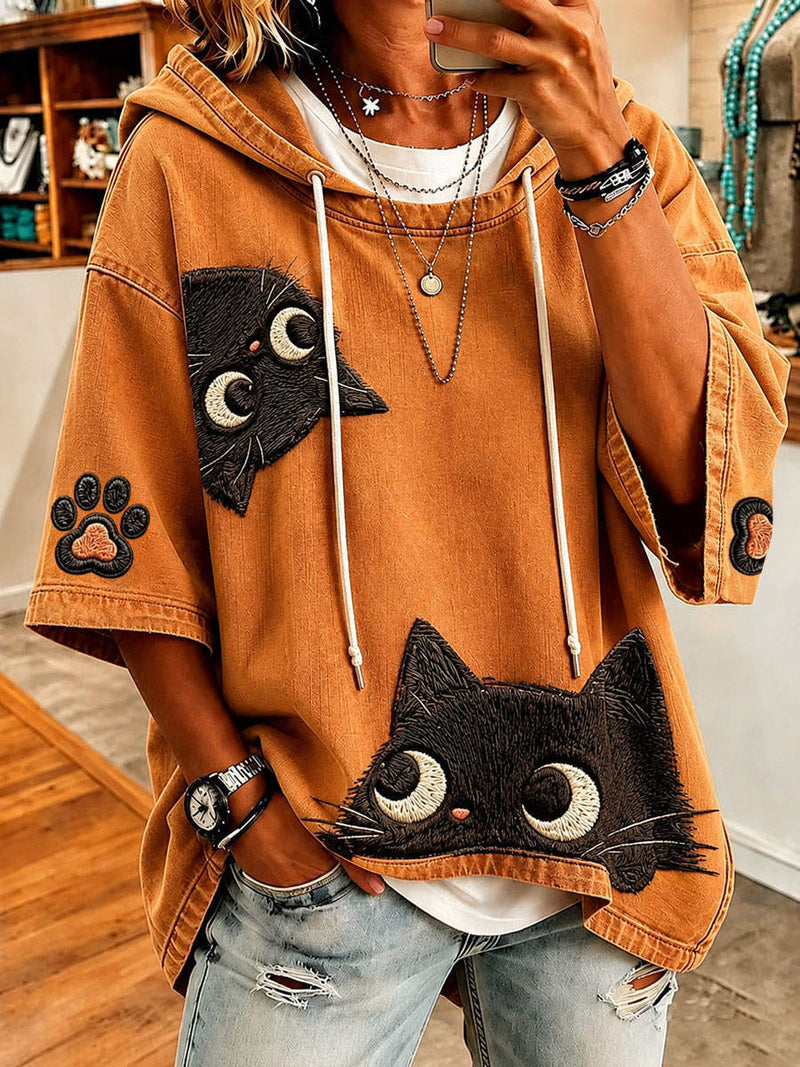Women's Orange Black Cat Paw Print 3/4 Sleeve Hoodie