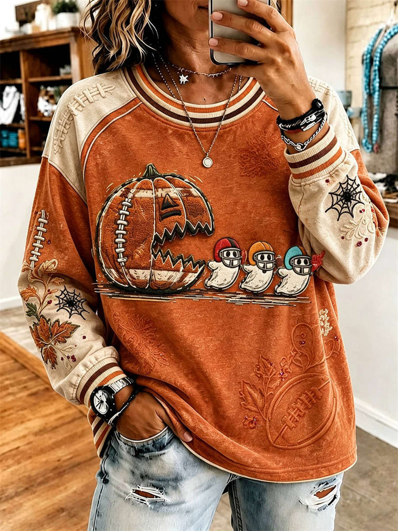 Women's Halloween Orange Beige Pumpkin Ghost Football Print Round Neck Long Sleeve Sweatshirt