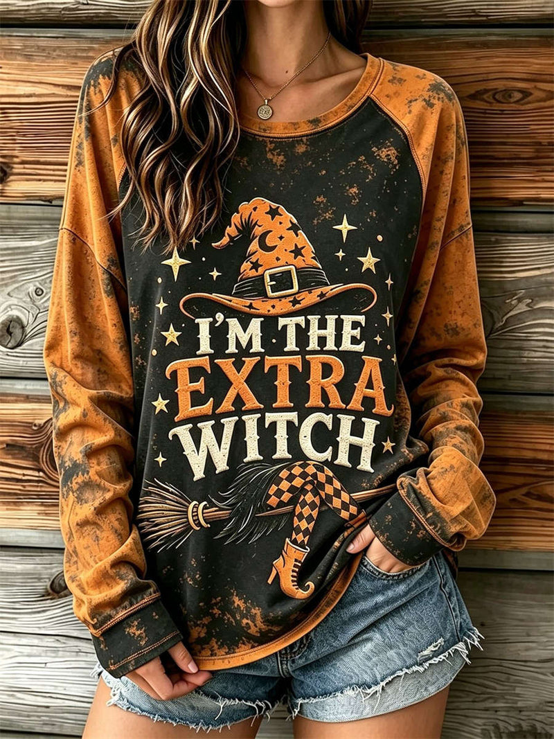 Women's Halloween Black Orange Witch Letter Print Round Neck Long Sleeve Top