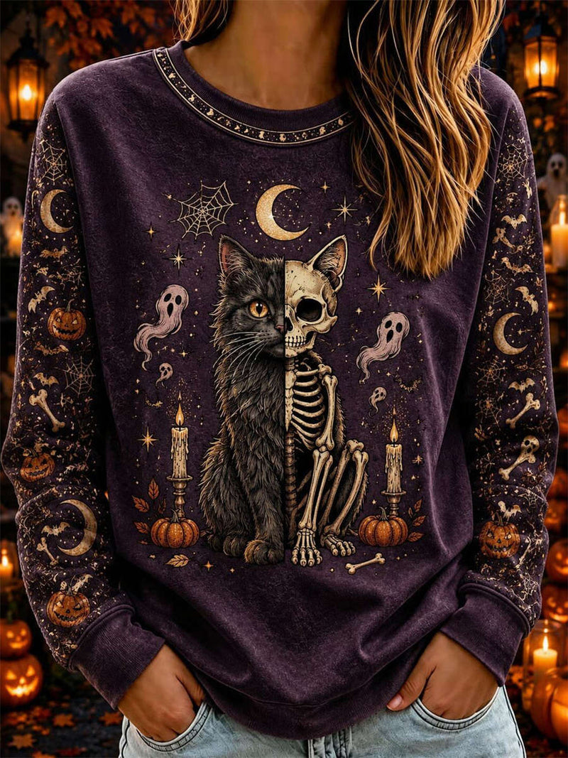 Women's Halloween Purple Cat Skeleton Ghost Print Round Neck Long Sleeve Sweatshirt