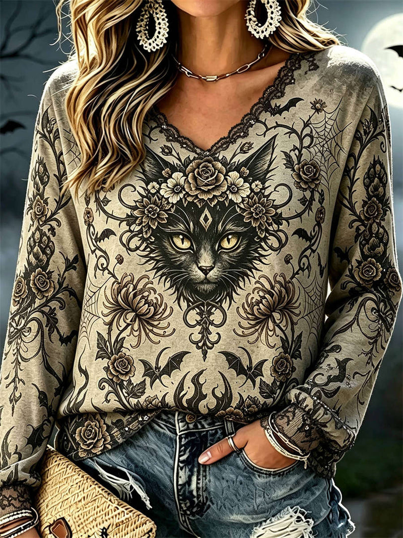 Women's Halloween Khaki Black Cat Bat Floral Lace V Neck Long Sleeve Top