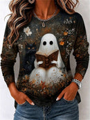 Women's Halloween Multi Ghost Black Cat Floral Print Round Neck Long Sleeve Top