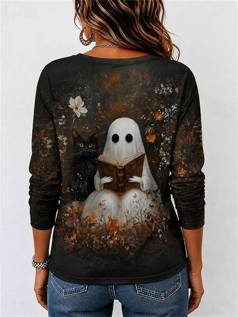 Women's Halloween Multi Ghost Black Cat Floral Print Round Neck Long Sleeve Top