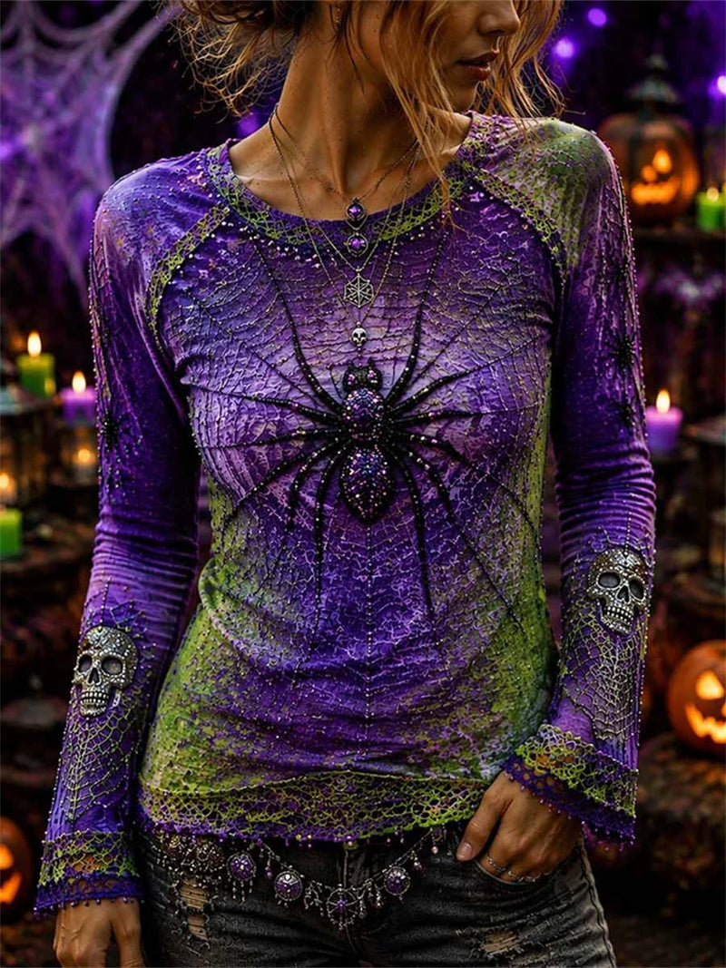 Women's Halloween Purple Green Gradient Spider Skull Print Round Neck Long Sleeve Top