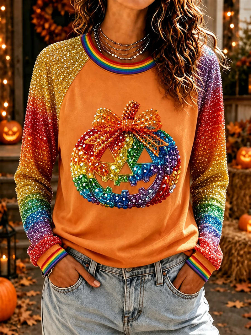 Women's Halloween Multi Pumpkin Print Round Neck Raglan Long Sleeve Sweatshirt