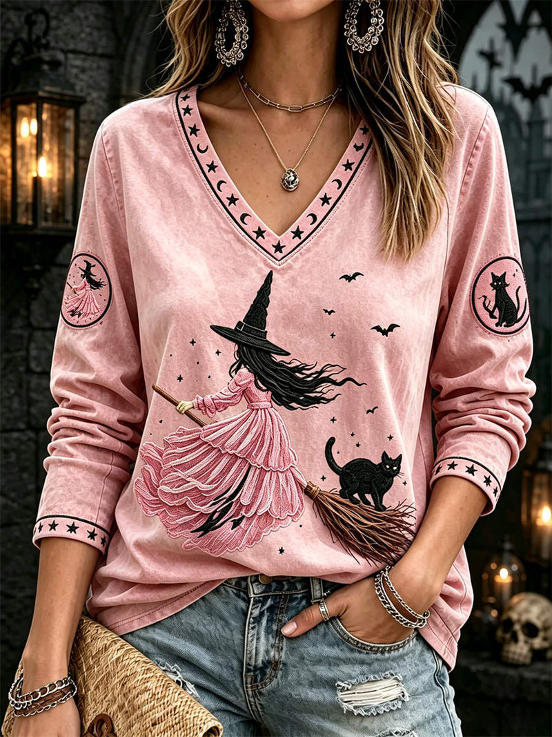 Women's Halloween Pink Witch Black Cat Star Print V Neck Long Sleeve Top