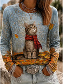 Women's Blue Cat Scarf Autumn Leaf Tree Print Round Neck Long Sleeve Top