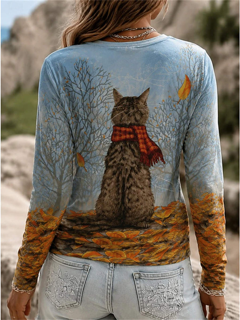 Women's Blue Cat Scarf Autumn Leaf Tree Print Round Neck Long Sleeve Top